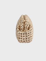 Stylish gold woven clutch bag, designed with a unique woven texture, perfect for formal occasions.