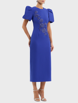 Stylish ultramarine blue midi dress by Evolet, showcasing puff sleeves and a graceful design for formal wear.