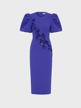 Ultramarine blue Evolet puff sleeve midi dress, featuring a fitted bodice and flowing skirt, perfect for elegant occasions.