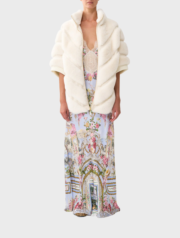 Faux fur short sleeve slouch jacket in a tiled pattern, showcasing a stylish and cozy design for casual wear.