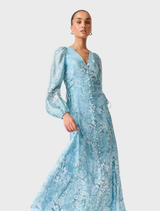 Blue floral Faye Maxi Dress with long sleeves, designed for a flowing, elegant look.
