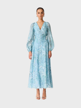 Long blue floral dress with long sleeves, named Faye Maxi Dress - Blue Multi.