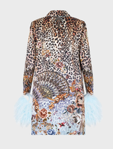 Mini shirt dress with feathers, featuring a flamenco-inspired print and a fluid silhouette for an elegant drape.