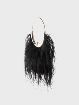 Black feather purse with a gold ring, named Penny Feathered Frame Bag, showcasing a stylish and elegant design.