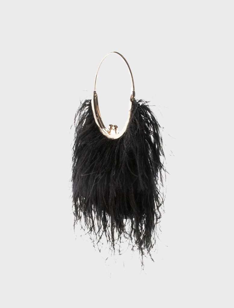 Black feather purse with a gold ring, named Penny Feathered Frame Bag, showcasing a stylish and elegant design.