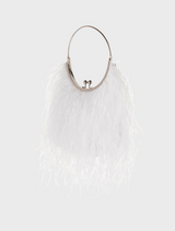 A white feather purse with a metal ring, named Penny Feathered Frame Bag, showcasing a stylish and elegant design.