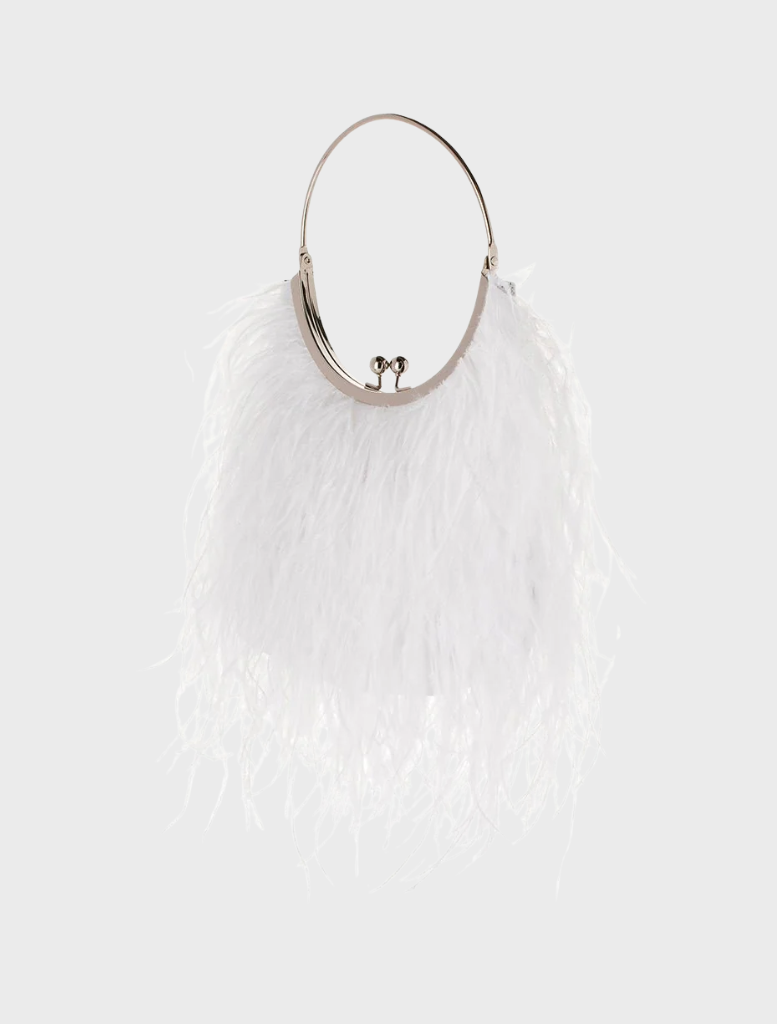 A white feather purse with a metal ring, named Penny Feathered Frame Bag, showcasing a stylish and elegant design.