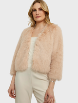 Blush faux fur jacket with a soft texture, featuring a stylish design suitable for casual and formal occasions.
