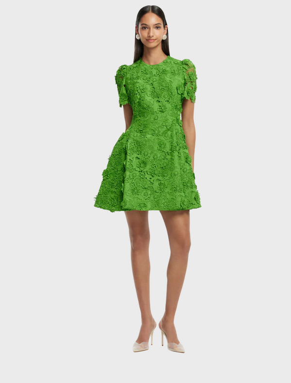 A floral-patterned green dress, highlighting a lively design with various flowers and shades of green.