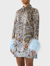 Stylish mini shirt dress with feathers, designed with a flamenco-inspired print and a graceful, flowing silhouette.