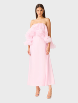 Elegant strapless gown in pale pink by Fiorina, showcasing a sleek silhouette and delicate fabric for special events.