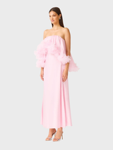 Fiorina's strapless gown in soft pale pink, designed with a flattering fit and graceful draping for evening wear.