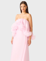 Strapless pale pink Fiorina gown with a flowing silhouette and elegant design, perfect for formal occasions.