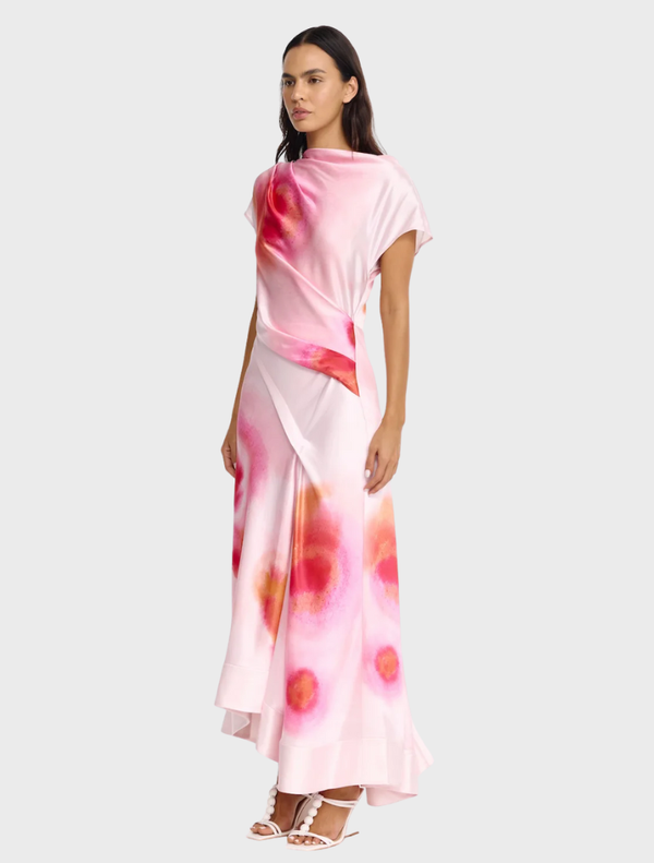 Elegant Glatton Maxi Dress in Flamingo Sand, showcasing a relaxed fit and lightweight material for warm weather.