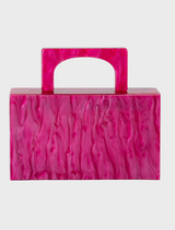Pink and purple handbag featuring a chain strap and a chic Fleur Acrylic top handle.