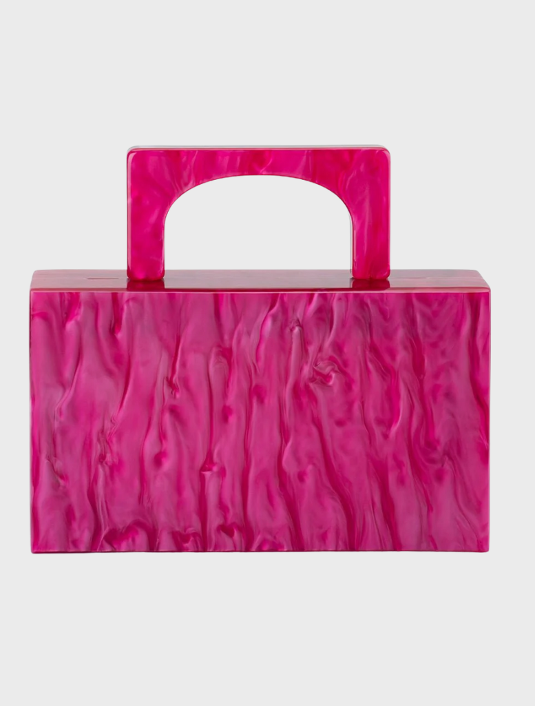 Pink and purple handbag featuring a chain strap and a chic Fleur Acrylic top handle.