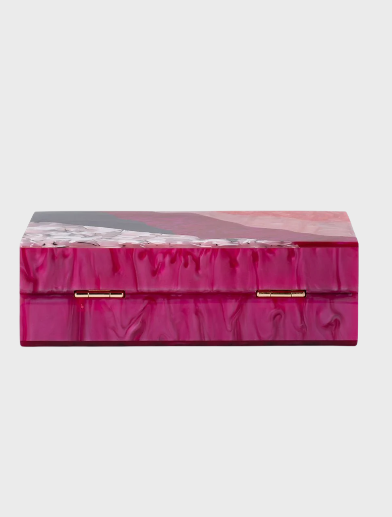 Chic pink and purple handbag with a chain strap, designed with a Fleur Acrylic top handle for elegance.