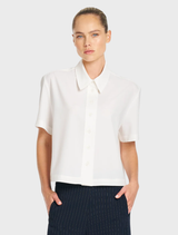 Flex Weave Crop Shirt in Chalk, featuring a classic collar and button placket, made from smooth matte twill weave fabric.