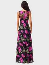Beautiful black gown embellished with pink flowers, exuding charm and sophistication for any formal gathering.
