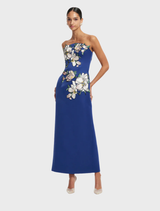 Midnight floral appliqué bustier maxi dress, combining elegance with a flowing design for a stylish appearance.