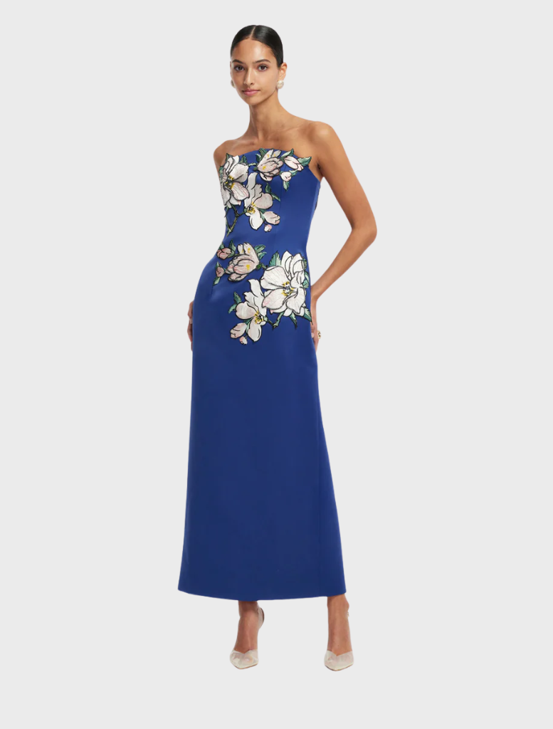 Midnight floral appliqué bustier maxi dress, combining elegance with a flowing design for a stylish appearance.