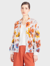 Modern white and coffee bomber jacket featuring a bold floral jacquard pattern, crafted from breathable cotton for comfort.