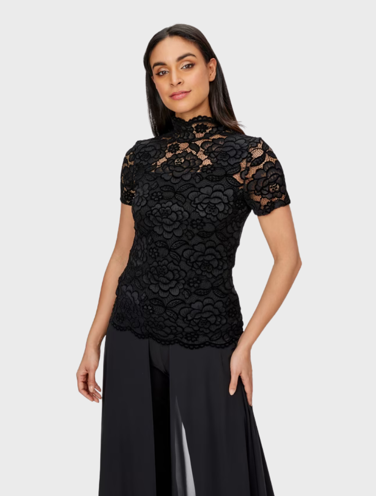 Black floral lace pullover featuring intricate lace patterns and a stylish, comfortable fit for casual wear.