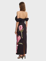 Elegant T-Garnet Magnolia Gifford Maxi Dress in garnet, designed with a flowing fit and beautiful floral details.
