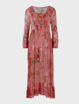 Feminine pink floral dress featuring a sleek fit, short sleeves, and knee-length, perfect for daytime or evening wear.