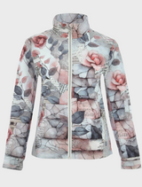 Women's jacket featuring a floral design with roses and leaves in vibrant colors.