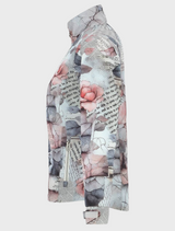 Elegant women's jacket showcasing a beautiful rose and leaf print.