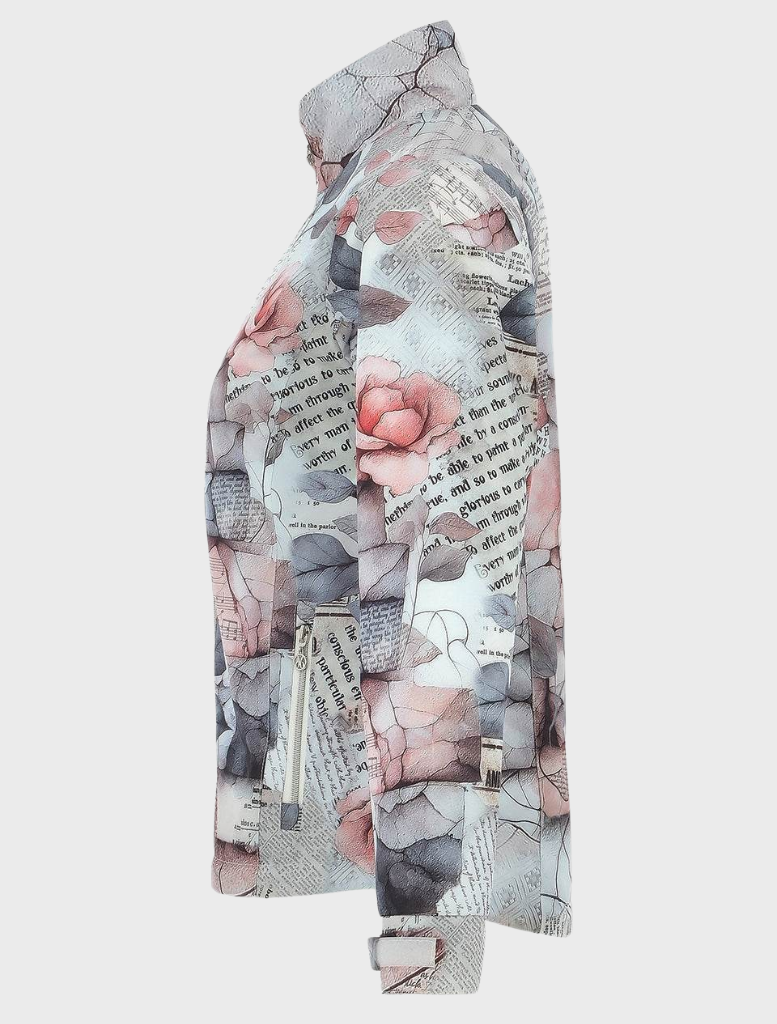 Elegant women's jacket showcasing a beautiful rose and leaf print.