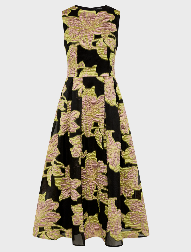 Chic black and pink floral dress, the Florence Midi, a perfect choice for a night out.