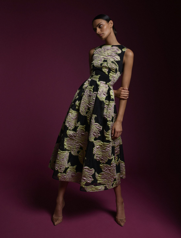Black floral print dress named Florence Midi Dress in Citrus Pink and Black.