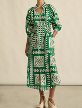 Long sleeve shirt dress in green and white, showcasing a classic square pattern for a chic look.