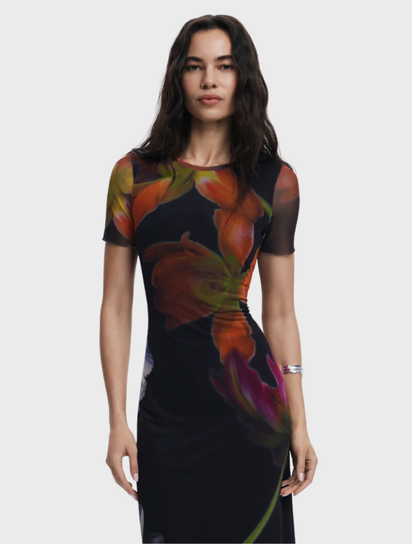 A stylish black dress adorned with a colorful floral print, perfect for various occasions.