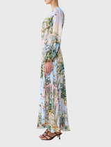 Dramatic A-line maxi skirt in silk, featuring a lilac fresco-inspired design, crystal embellishments, and convenient side pockets.