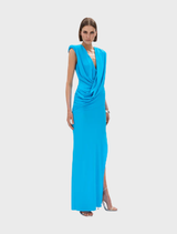 Elegant aquamarine Solstice Gown with flowing fabric and intricate detailing, perfect for formal occasions.