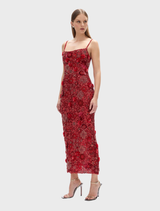 Chic red Francesca gown with a flattering cut and elegant draping, perfect for weddings or formal gatherings.