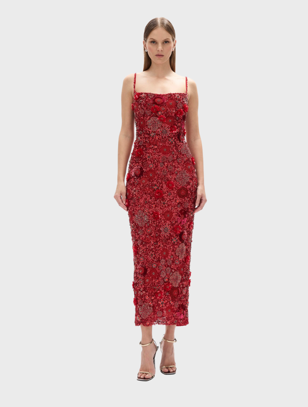  Elegant red Francesca gown with a flowing silhouette and intricate detailing, perfect for formal occasions.