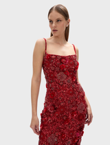 Beautiful red Francesca gown showcasing a classic design with delicate embellishments, suitable for special occasions.