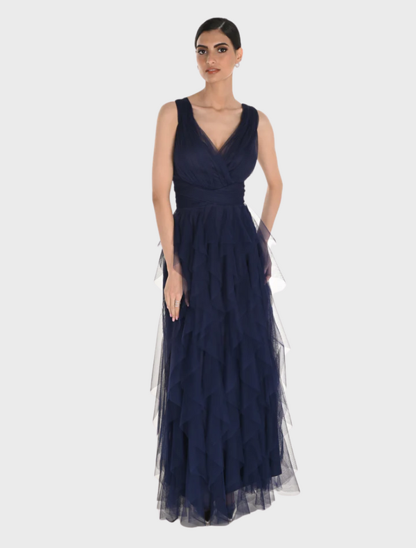 Navy tulle dress featuring a v-neckline, elegantly designed for a sophisticated look.