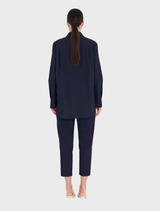 French Navy Microprene Saville shirt, offering a stylish and sophisticated look suitable for various occasions.