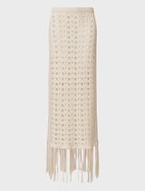 Off-white fringed knit skirt with a textured design, perfect for casual or semi-formal occasions.