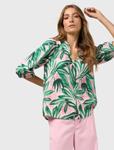 Emerald multi printed linen top featuring a V-neck, neru collar, contrast piping, and decorative tucks at the neckline.