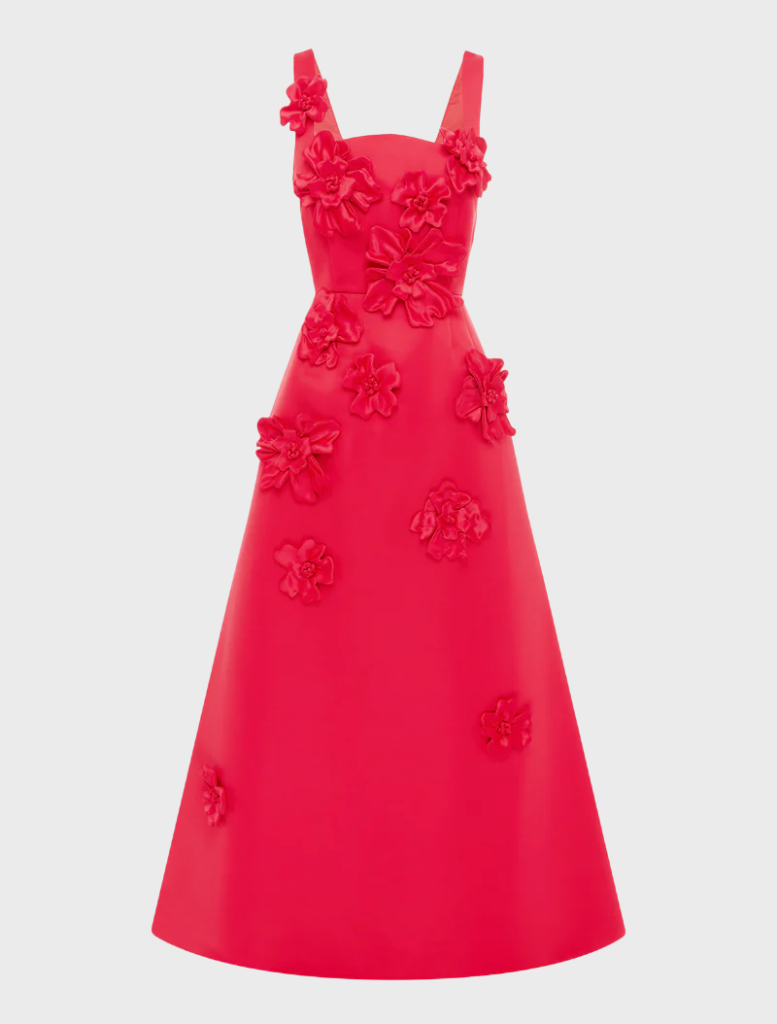 A vibrant red dress adorned with colorful flowers, showcasing a cheerful and stylish design.