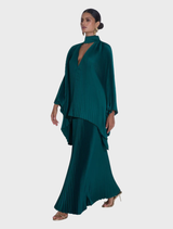 Gala Skirt in Pine features high-shine pleats cascading elegantly from the waist to the floor, showcasing a vintage-inspired design.