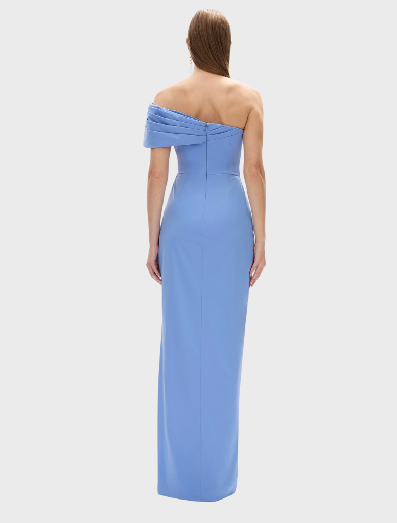 Sophisticated blue gown with a timeless design, perfect for formal occasions, emphasizing elegance and exquisite tailoring.