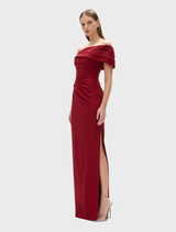 Stunning wine Gale gown showcasing a sophisticated style, designed for elegance at formal gatherings.