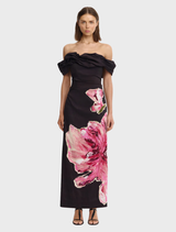 T-Garnet Magnolia Gifford Maxi Dress in garnet color, featuring a flowing design and elegant floral patterns.